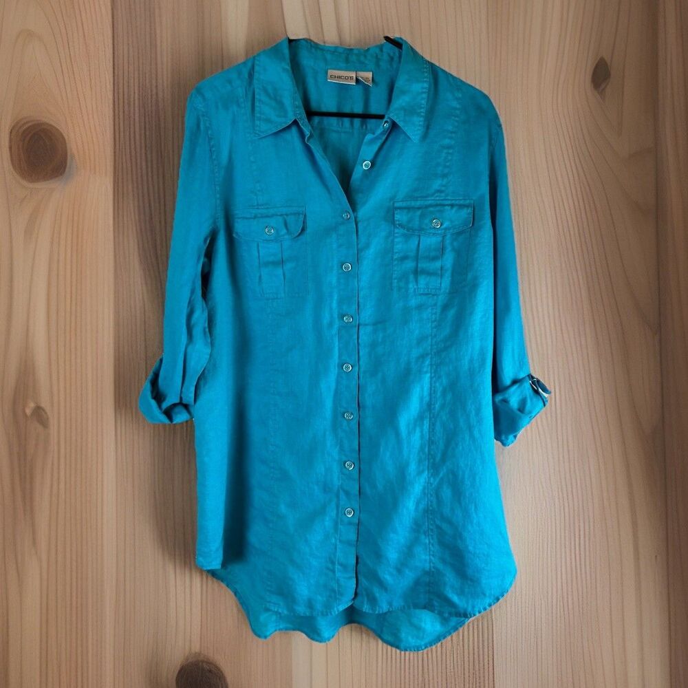 Chicos Women’s Teal Linen Button Front Blouse Roll Tab Sleeves Size 3(XL)